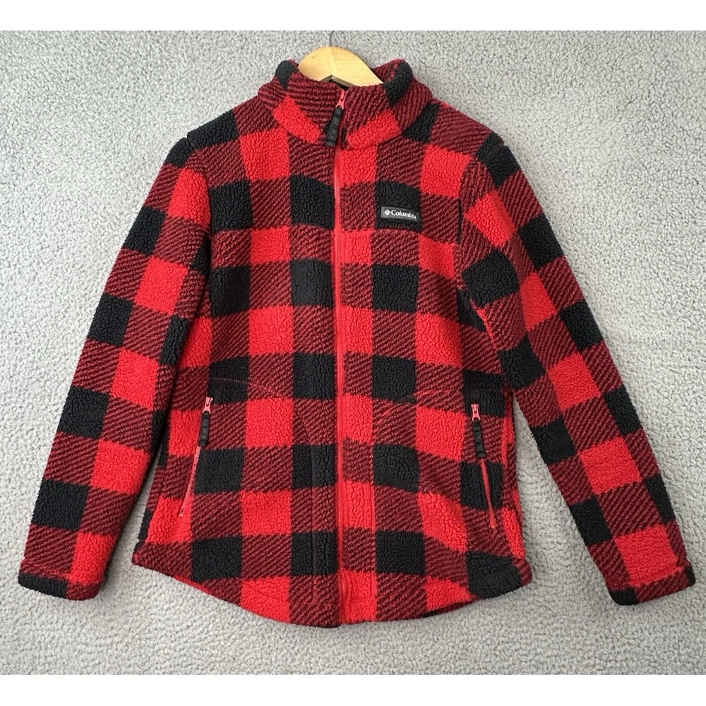 Columbia Womens West Bend Full Zip Sherpa Fleece Jacket Red Black Plaid Medium